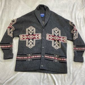 Pendleton Sweater Mens Large Gray Lambswool Shawl Neck Cardigan Aztec Southwest